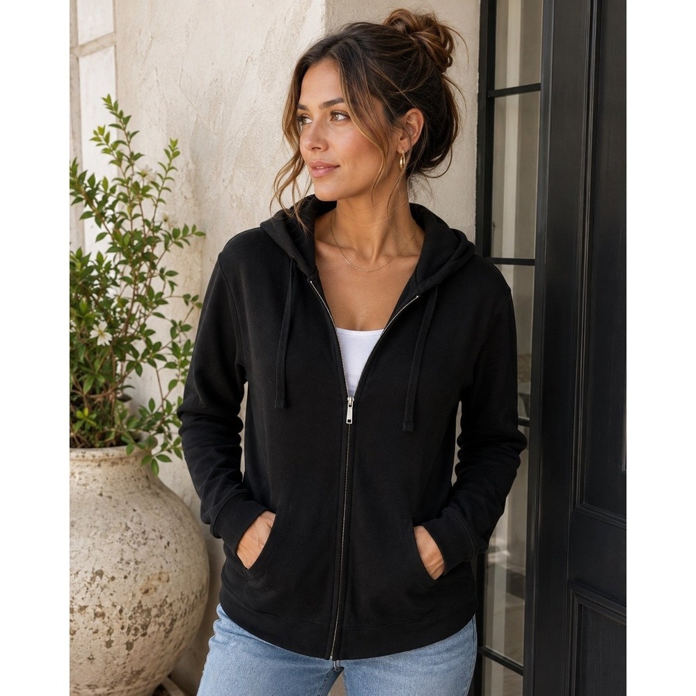 Talbots Petites Black 100% Cotton Full Zip Hoodie Size M Classic Y2K